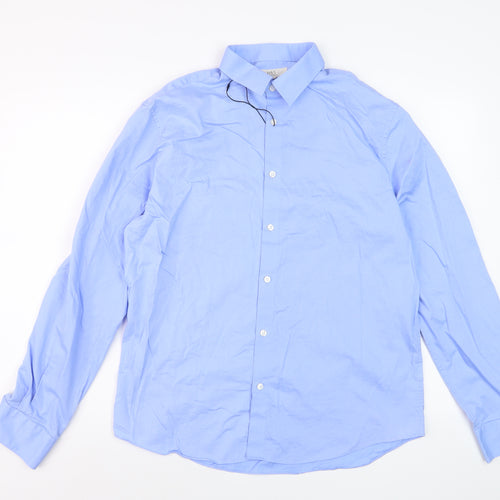 Marks and Spencer Men's Blue Cotton Long Sleeve Dress Shirt Medium