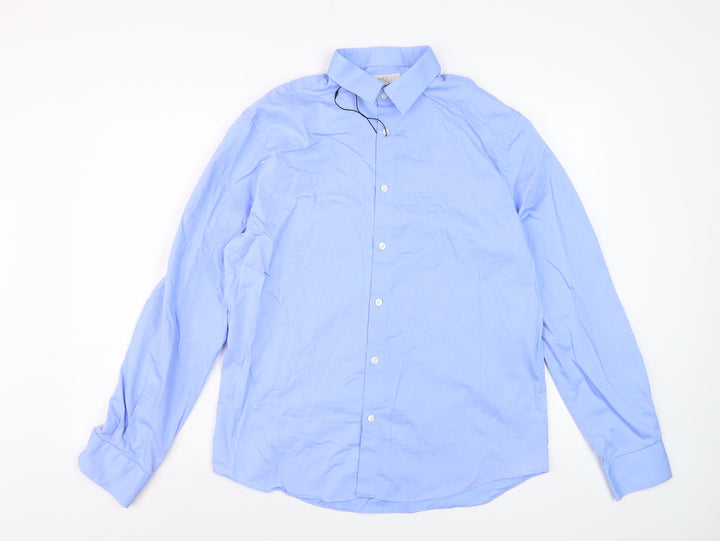 Marks and Spencer Men's Blue Cotton Long Sleeve Dress Shirt Medium