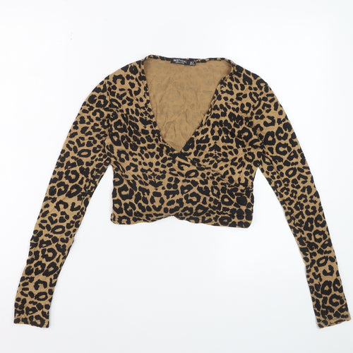 Nasty Gal Women’s Brown Leopard Print Cropped V-Neck Long Sleeve Top Size 8