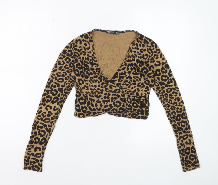 Nasty Gal Women’s Brown Leopard Print Cropped V-Neck Long Sleeve Top Size 8