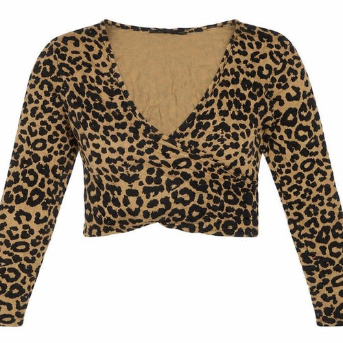 Nasty Gal Women’s Brown Leopard Print Cropped V-Neck Long Sleeve Top Size 8