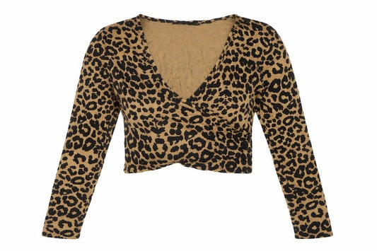 Front view of Nasty Gal Women’s Brown Leopard Print Cropped V-Neck Long Sleeve Top, size UK 8
