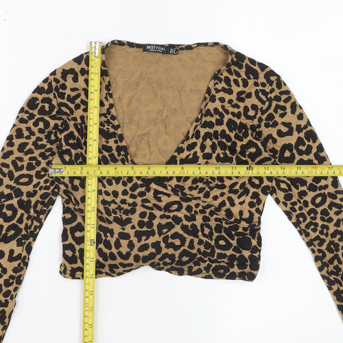 Nasty Gal Women’s Brown Leopard Print Cropped V-Neck Long Sleeve Top Size 8