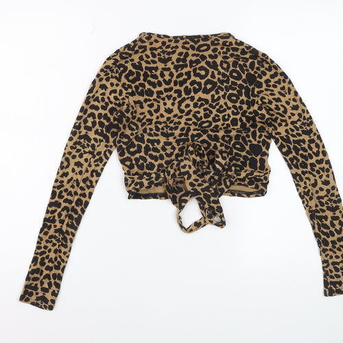 Nasty Gal Women’s Brown Leopard Print Cropped V-Neck Long Sleeve Top Size 8