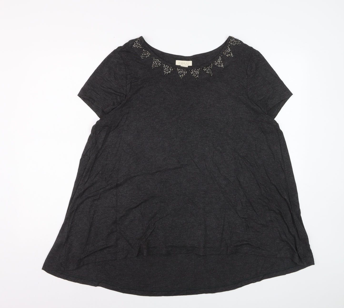 Celuu Women's Black Beaded Crew Neck Short Sleeve Jersey Top Size 16