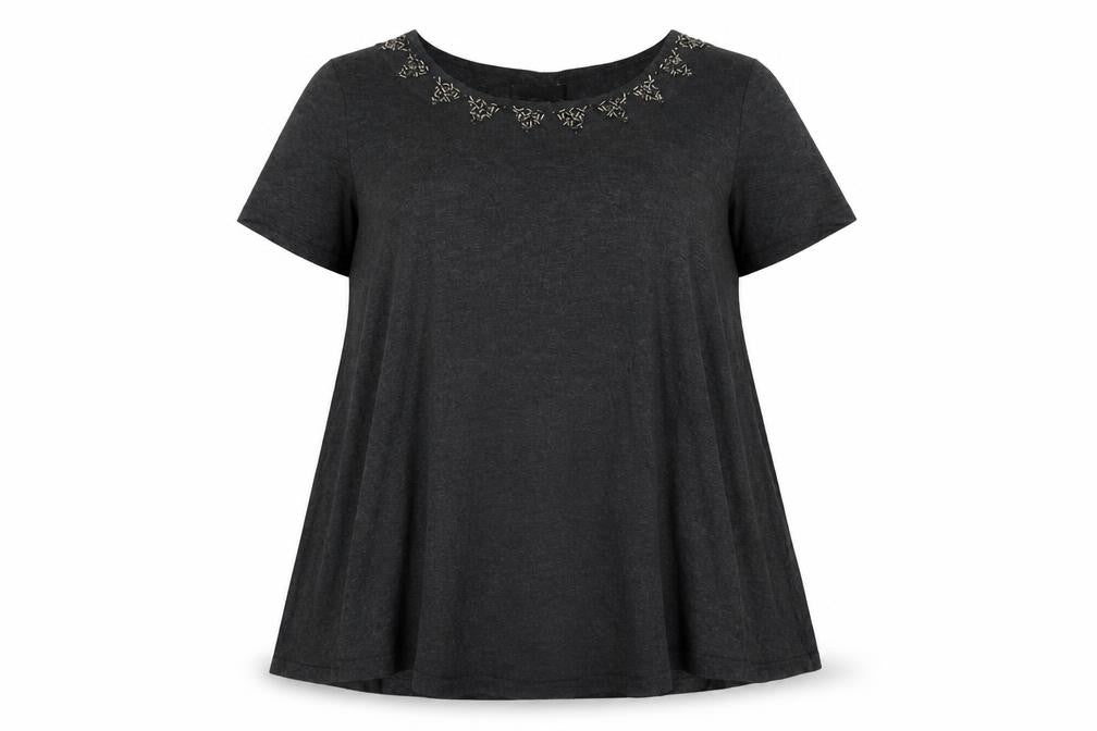 Front view of Celuu Women's Black Beaded Crew Neck Short Sleeve Jersey Top, size 16