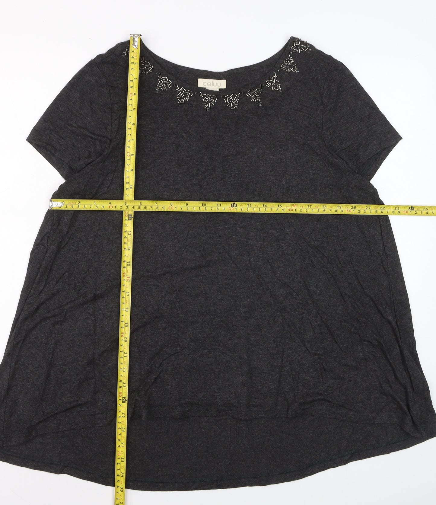 Celuu Women's Black Beaded Crew Neck Short Sleeve Jersey Top Size 16