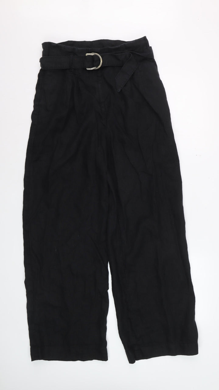 Marks and Spencer Womens Black Linen Belted Wide-Leg Trousers Size 12