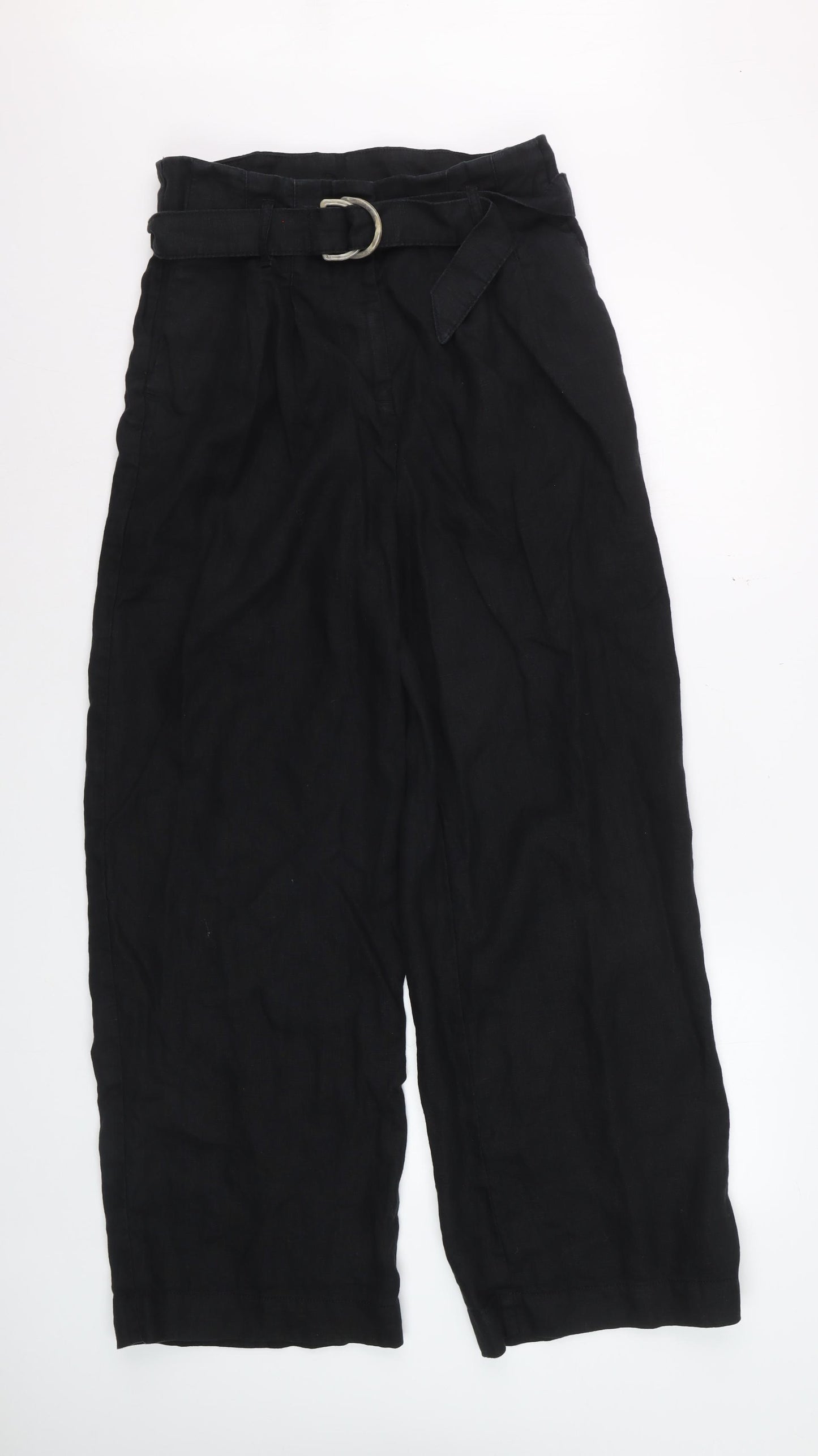 Marks and Spencer Womens Black Linen Belted Wide-Leg Trousers Size 12
