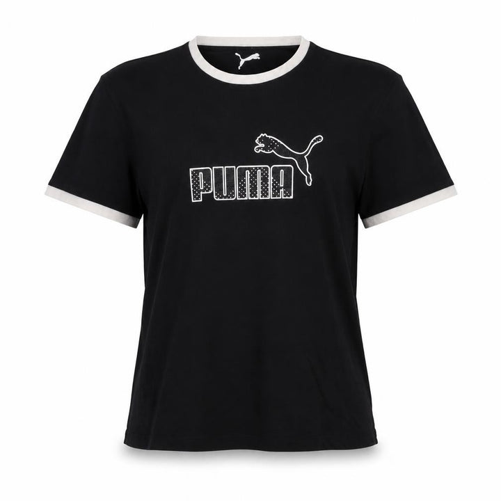 Puma Womens Black L Slim Fit Embroidered Logo Cotton T-Shirt