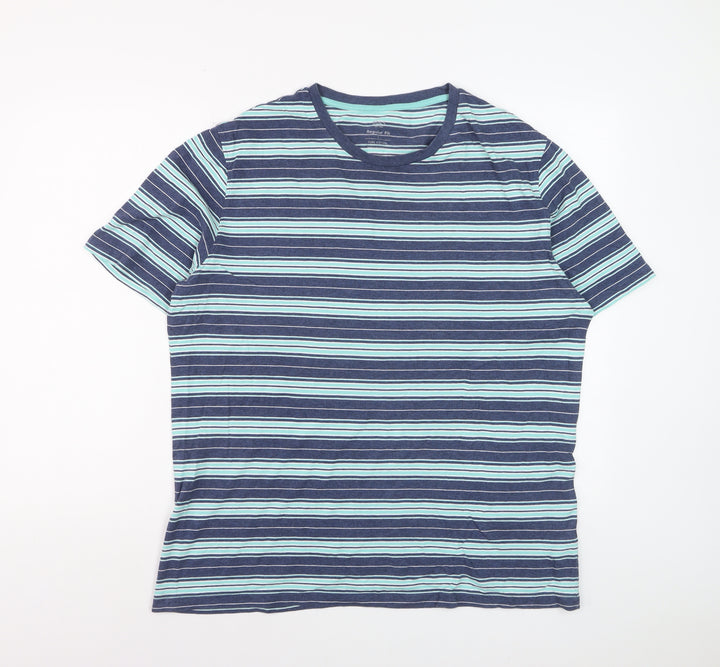 Marks and Spencer Men’s Blue Striped Regular Fit Cotton T-Shirt L