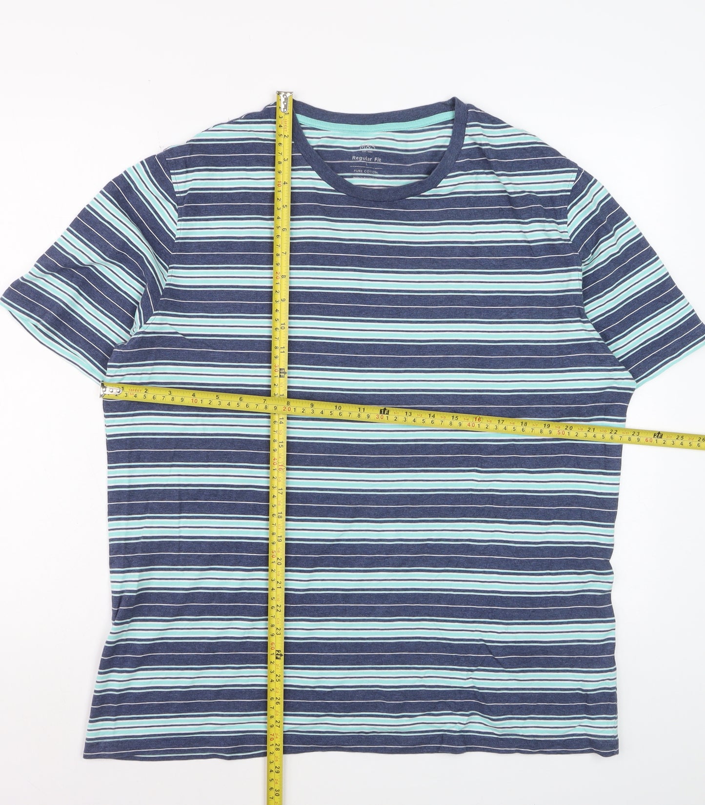 Marks and Spencer Men’s Blue Striped Regular Fit Cotton T-Shirt L