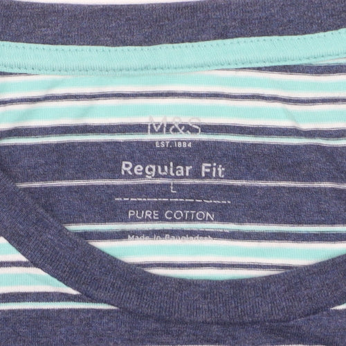 Marks and Spencer Men’s Blue Striped Regular Fit Cotton T-Shirt L