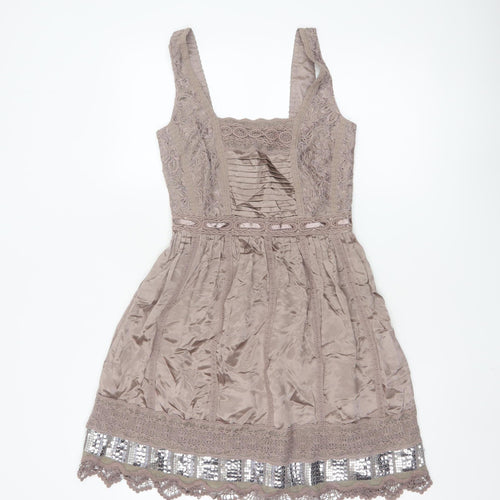 Warehouse Women's Beige Silk Lace Sequin A-Line Party Dress UK 6