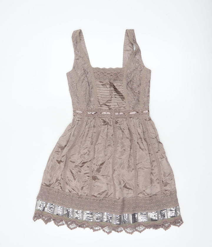 Warehouse Women's Beige Silk Lace Sequin A-Line Party Dress UK 6