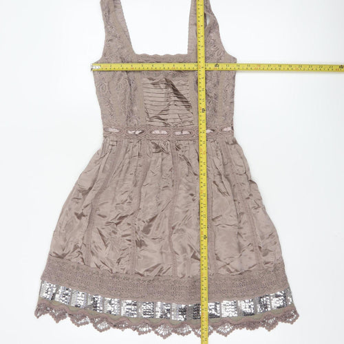 Warehouse Women's Beige Silk Lace Sequin A-Line Party Dress UK 6