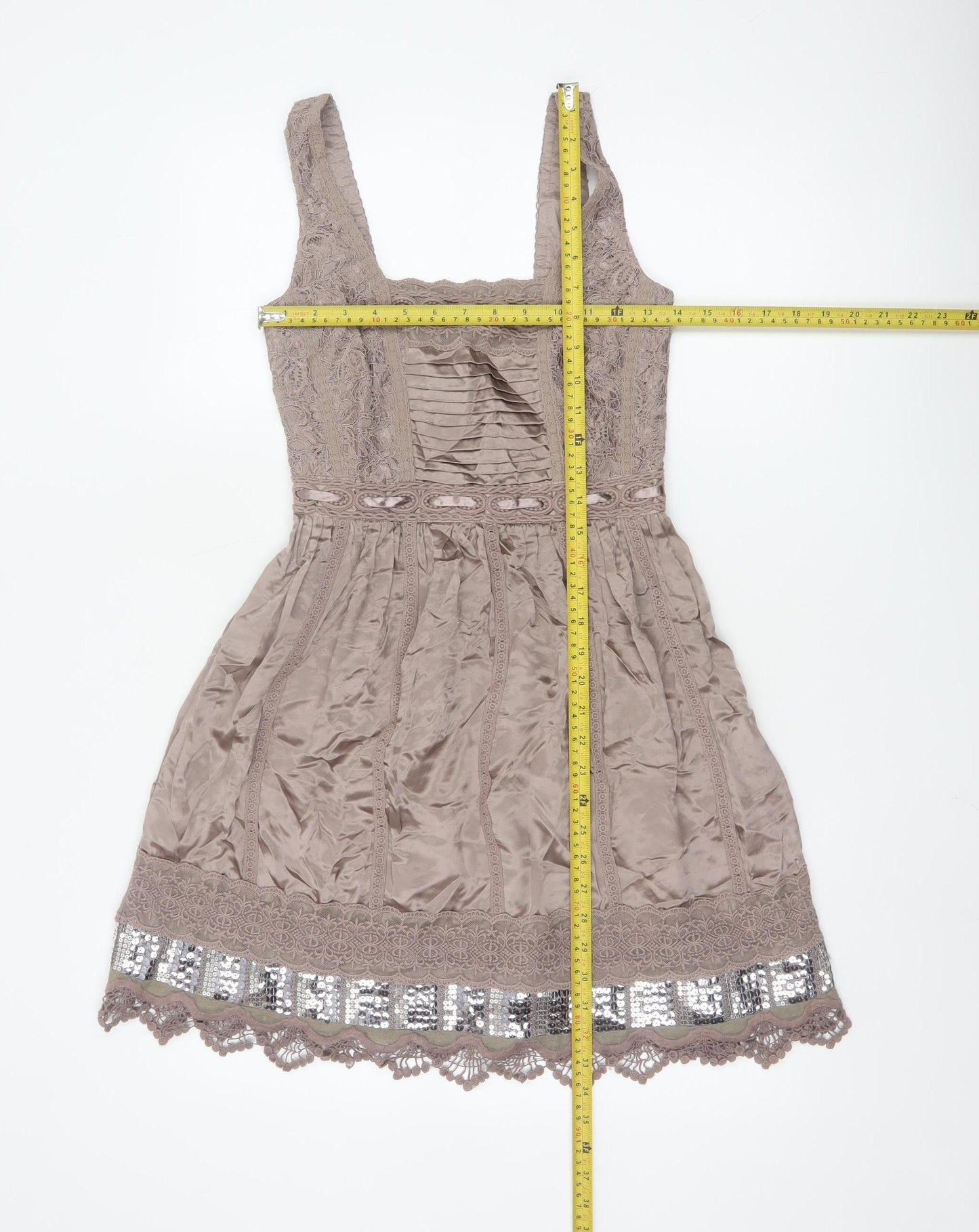 Warehouse Women's Beige Silk Lace Sequin A-Line Party Dress UK 6