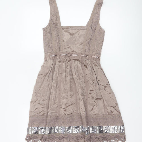Warehouse Women's Beige Silk Lace Sequin A-Line Party Dress UK 6