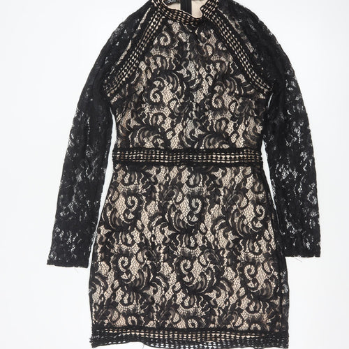 Quiz Women’s Black Lace Bodycon Short Dress Size 12 Long Sleeve