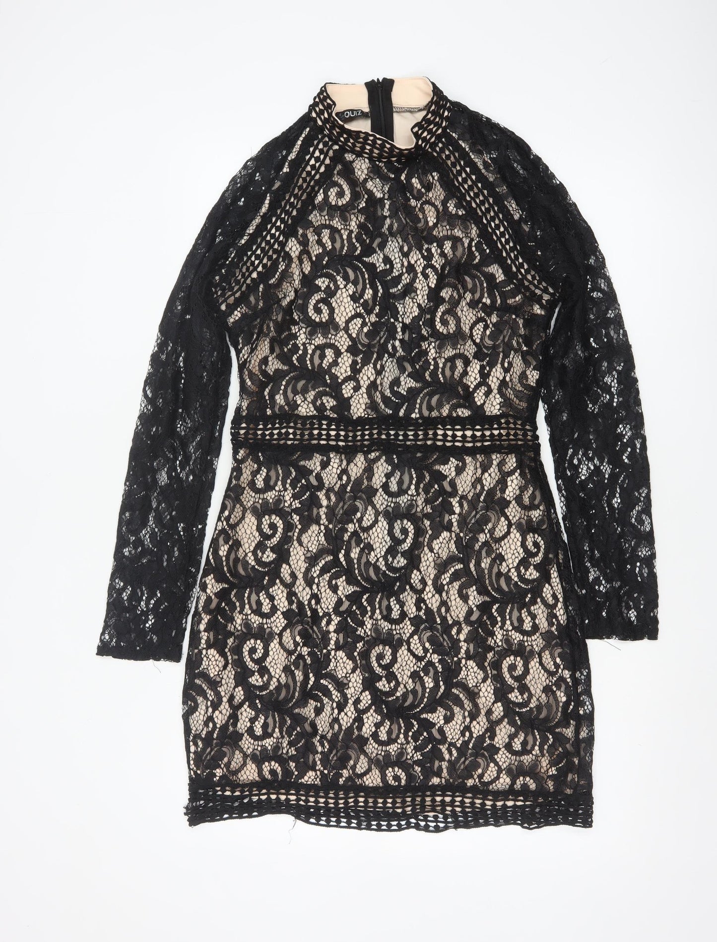 Quiz Women’s Black Lace Bodycon Short Dress Size 12 Long Sleeve