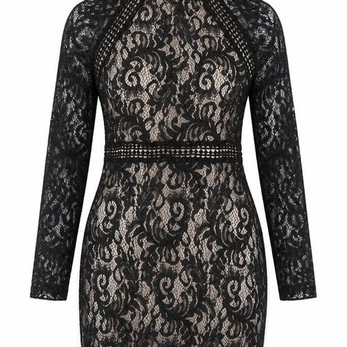Quiz Women’s Black Lace Bodycon Short Dress Size 12 Long Sleeve