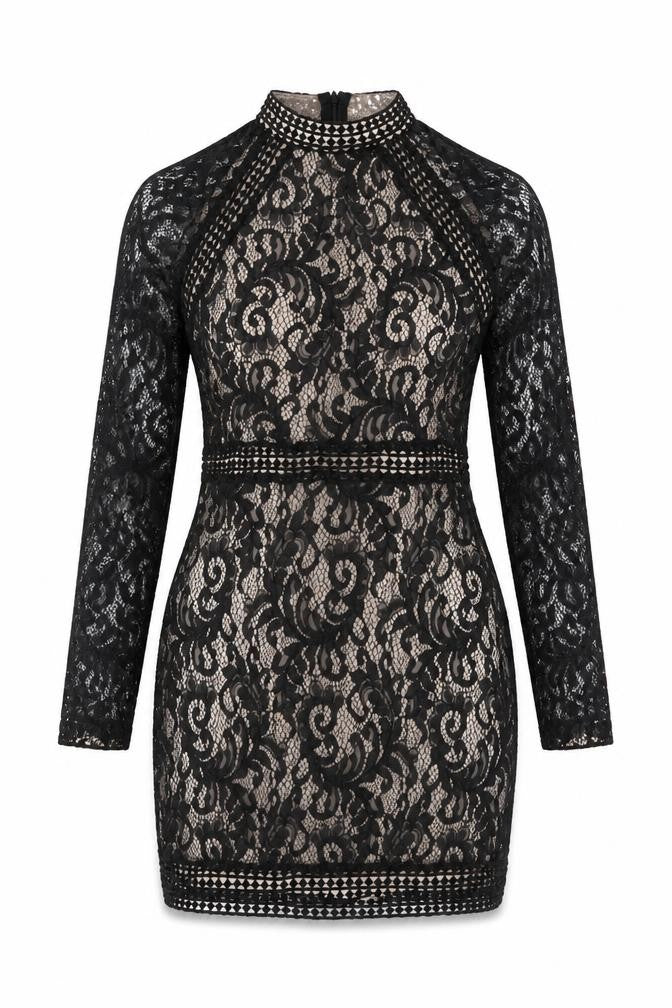 Quiz Women’s Black Lace Bodycon Short Dress Size 12 Long Sleeve