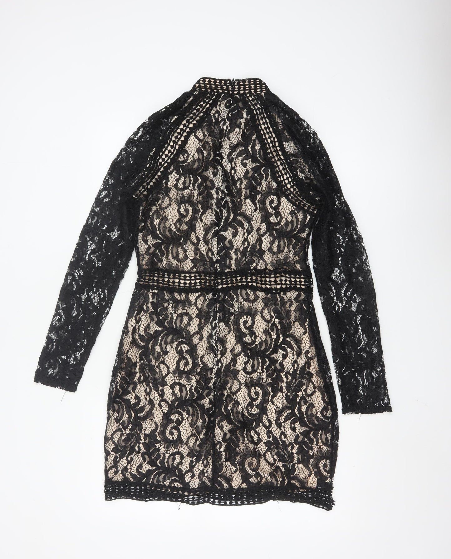 Quiz Women’s Black Lace Bodycon Short Dress Size 12 Long Sleeve
