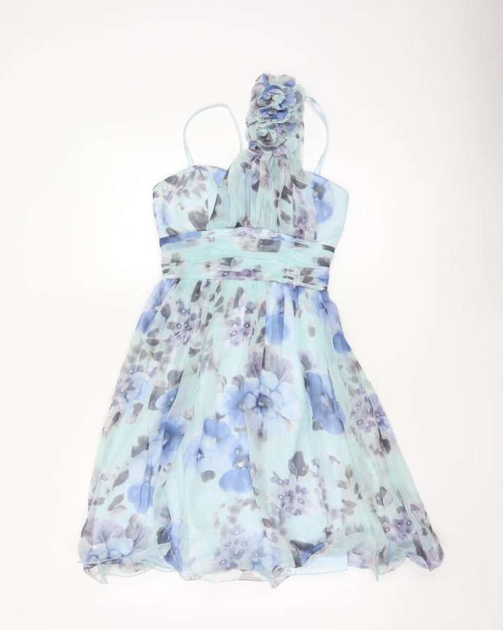 Quiz Women Blue Floral One Shoulder Chiffon Knee Length Dress Size 10