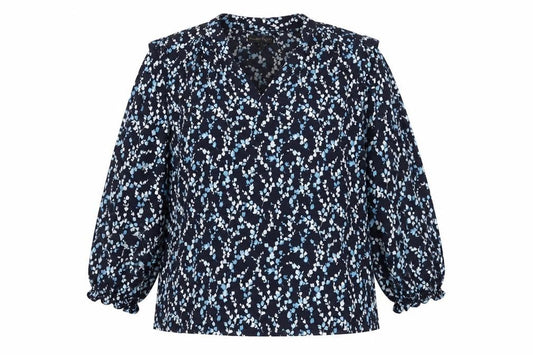 Front view of Phase Eight Women’s Blue Floral V-Neck Long Sleeve Blouse, size UK 12