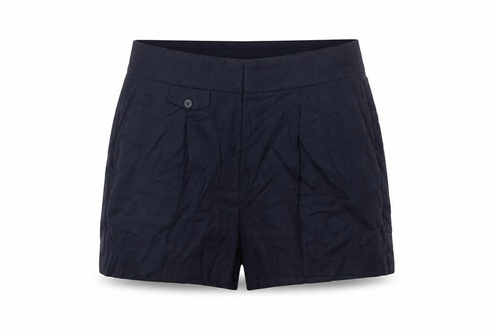 Front view of Marks & Spencer women’s blue linen blend chino shorts, size UK 18