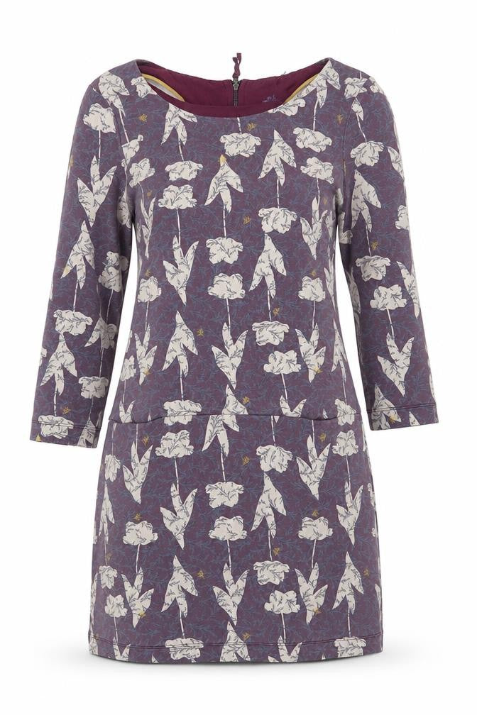Front view of White Stuff Women Purple Floral Mini Shift Dress, size 8, Polyester Blend
