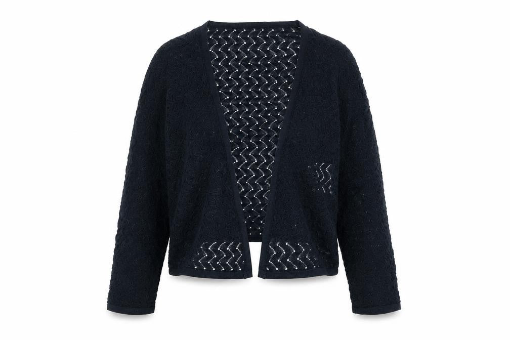 Front view of Morgan de Toi Women's Black Open-Knit Cardigan, size M
