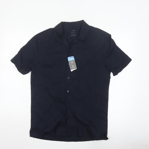 Marks and Spencer Men's Blue Linen Blend Regular Fit Short Sleeve Shirt S