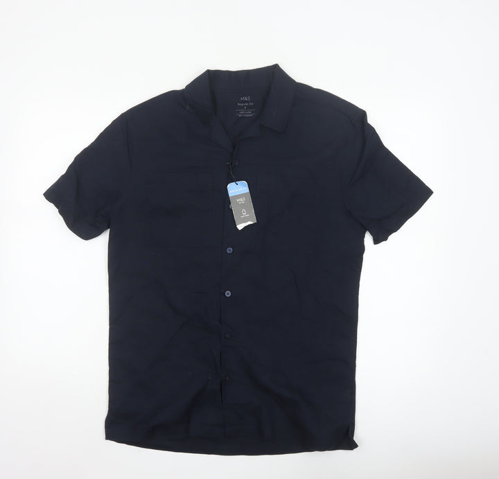 Marks and Spencer Men's Blue Linen Blend Regular Fit Short Sleeve Shirt S