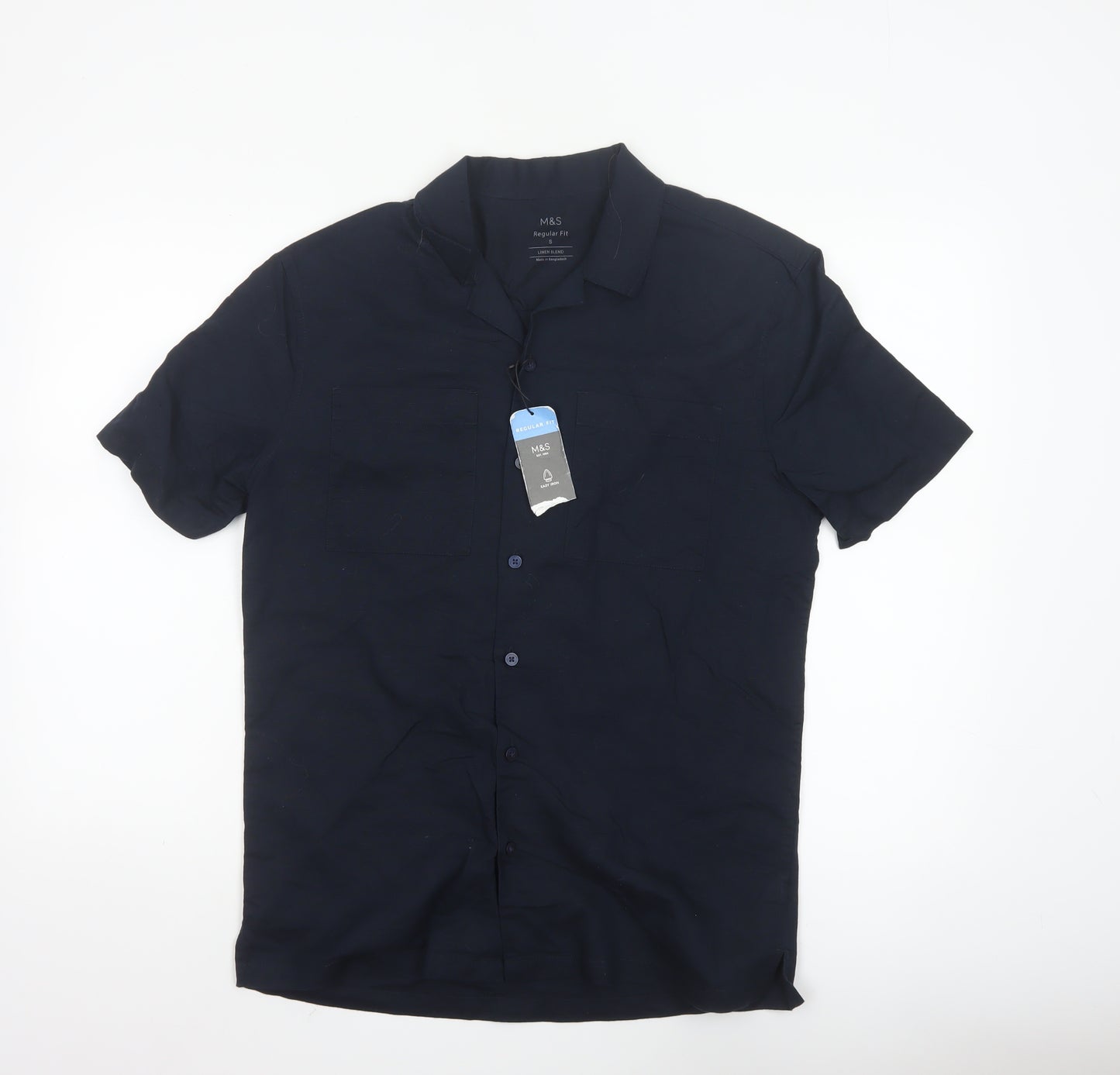 Marks and Spencer Men's Blue Linen Blend Regular Fit Short Sleeve Shirt S