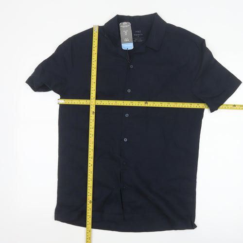Marks and Spencer Men's Blue Linen Blend Regular Fit Short Sleeve Shirt S