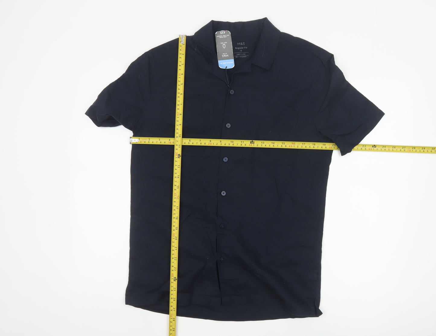 Marks and Spencer Men's Blue Linen Blend Regular Fit Short Sleeve Shirt S