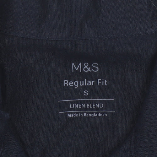 Marks and Spencer Men's Blue Linen Blend Regular Fit Short Sleeve Shirt S