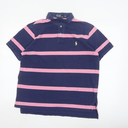 Ralph Lauren Mens Blue Pink Striped Polo Shirt XL Custom Fit