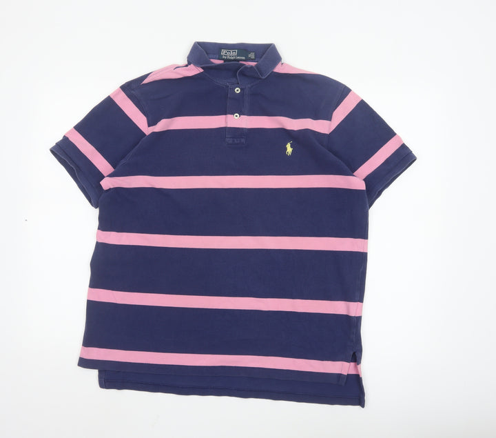 Ralph Lauren Mens Blue Pink Striped Polo Shirt XL Custom Fit
