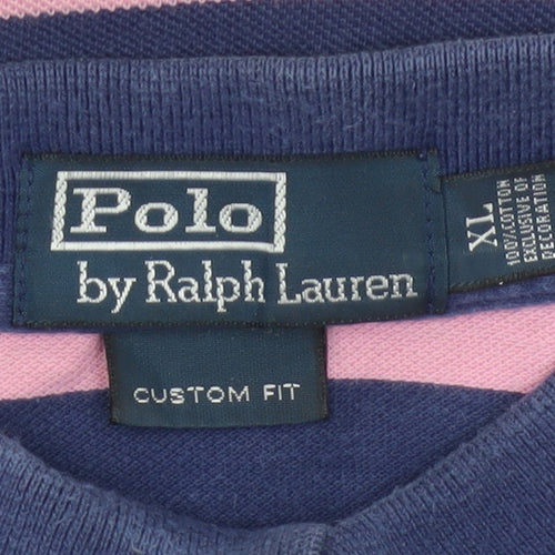 Ralph Lauren Mens Blue Pink Striped Polo Shirt XL Custom Fit