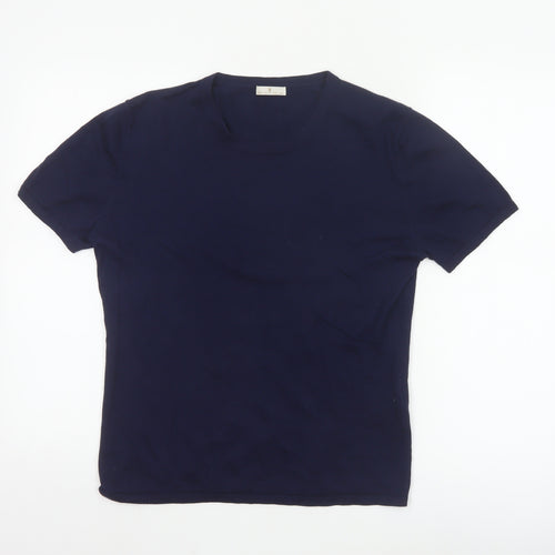 House of Bruar Women's Blue Silk Cotton Cashmere Short Sleeve T-Shirt Size 12