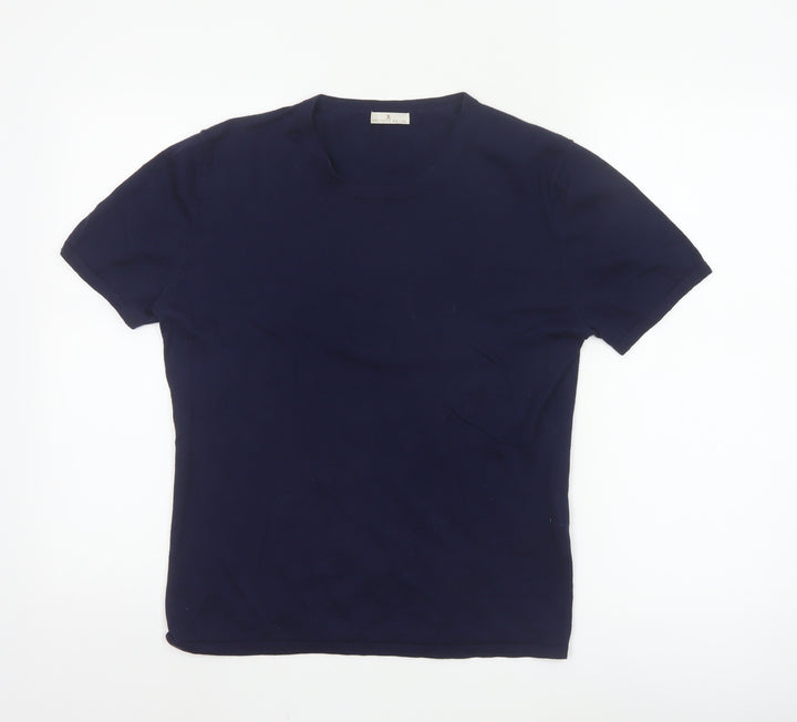 House of Bruar Women's Blue Silk Cotton Cashmere Short Sleeve T-Shirt Size 12