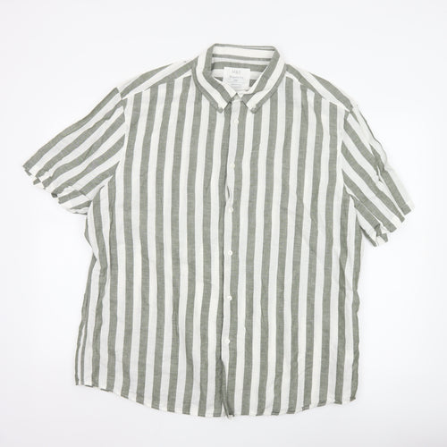 Marks and Spencer Men’s Green White Striped Linen Blend Shirt XXL Regular Fit