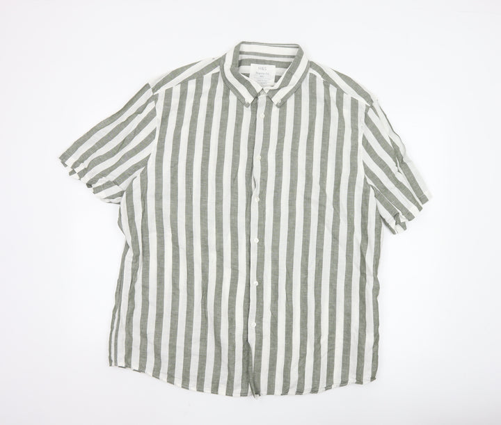 Marks and Spencer Men’s Green White Striped Linen Blend Shirt XXL Regular Fit