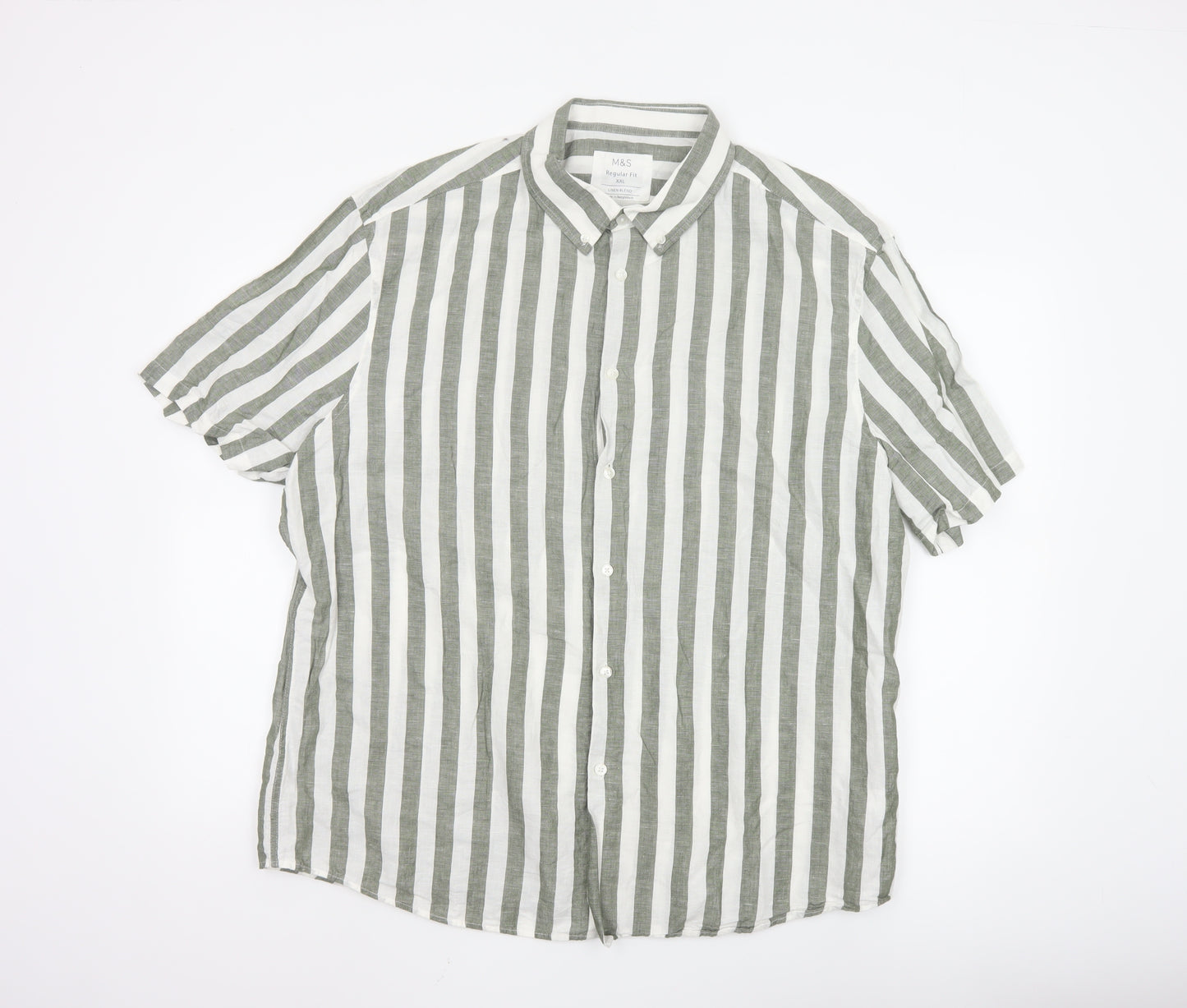 Marks and Spencer Men’s Green White Striped Linen Blend Shirt XXL Regular Fit