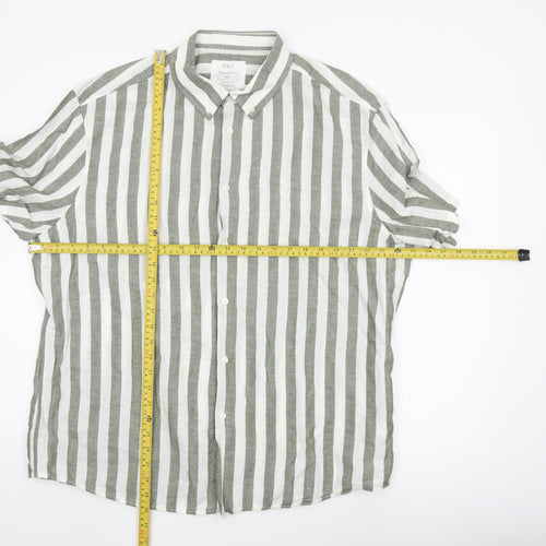 Marks and Spencer Men’s Green White Striped Linen Blend Shirt XXL Regular Fit