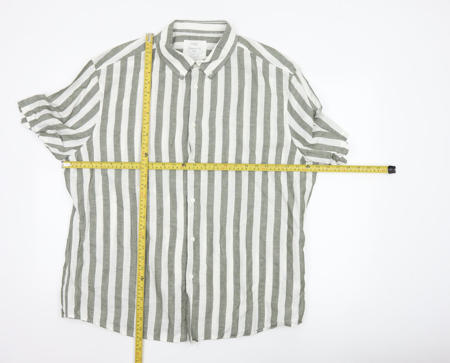 Marks and Spencer Men’s Green White Striped Linen Blend Shirt XXL Regular Fit