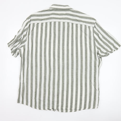 Marks and Spencer Men’s Green White Striped Linen Blend Shirt XXL Regular Fit