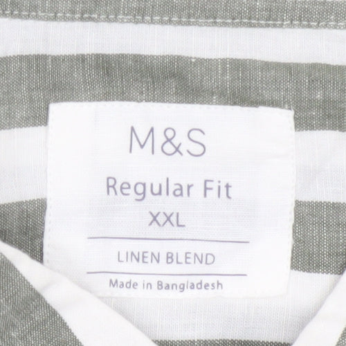 Marks and Spencer Men’s Green White Striped Linen Blend Shirt XXL Regular Fit